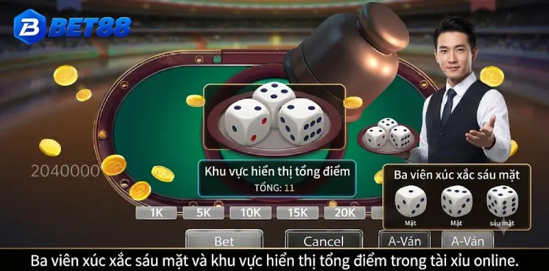 Ba viên xúc xắc sáu mặt và khu vực hiển thị tổng điểm trong tài xỉu online. Ba viên xúc xắc sáu mặt và khu vực hiển thị tổng điểm trong tài xỉu online.