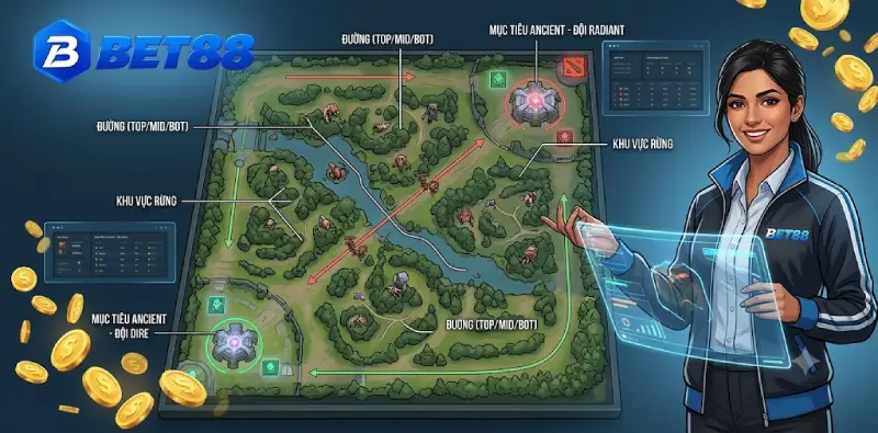 Bản đồ Dota 2 với các đường, khu vực rừng và mục tiêu Ancient của hai đội.