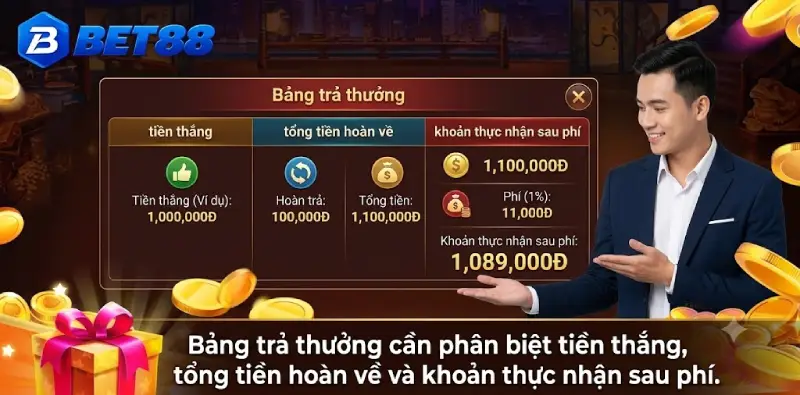 Bảng trả thưởng xóc đĩa: phân biệt tiền thắng và tổng tiền hoàn về
