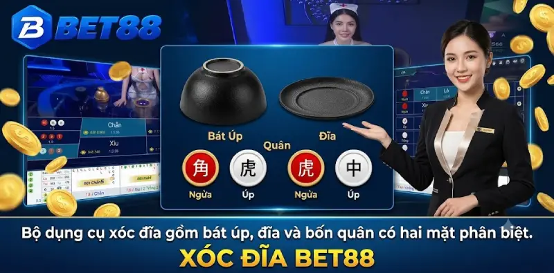 Bộ dụng cụ xóc đĩa gồm bát úp, đĩa và bốn quân có hai mặt