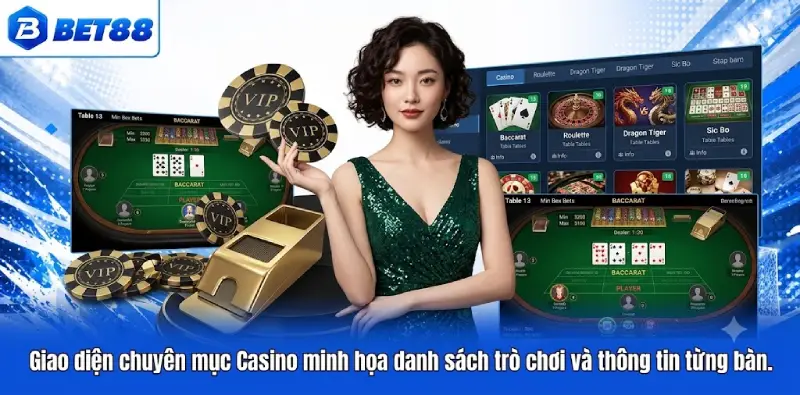 Giao diện chuyên mục Casino minh họa danh sách trò chơi và thông tin từng bàn.