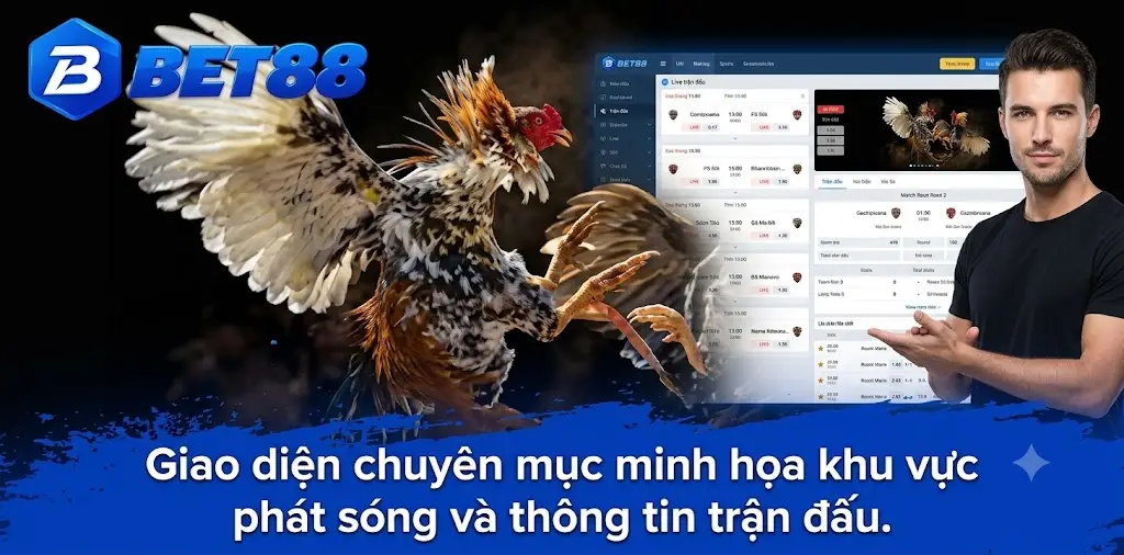 Giao diện chuyên mục minh họa khu vực phát sóng và thông tin trận đấu.