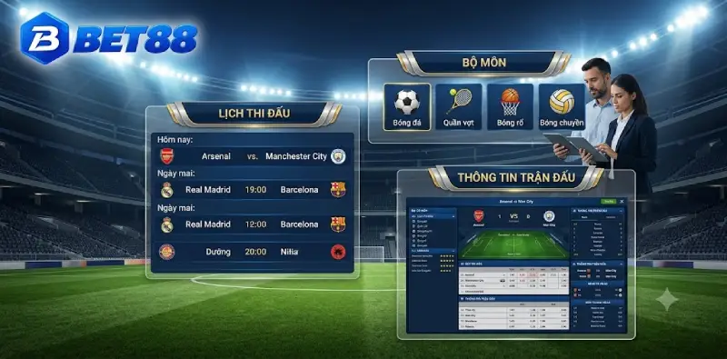 Giao diện chuyên mục thể thao minh họa lịch thi đấu, bộ môn và thông tin trận đấu.
