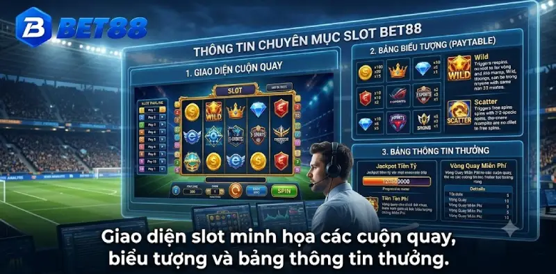 Giao diện slot minh họa các cuộn quay, biểu tượng và bảng thông tin thưởng.
