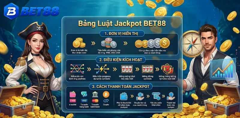 Kiểm tra đơn vị hiển thị, điều kiện kích hoạt và cách thanh toán jackpot