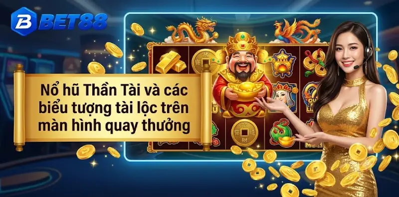Nổ hũ Thần Tài BET88 với các biểu tượng tài lộc trên màn hình quay Nổ hũ Thần Tài BET88 với các biểu tượng tài lộc trên màn hình quay