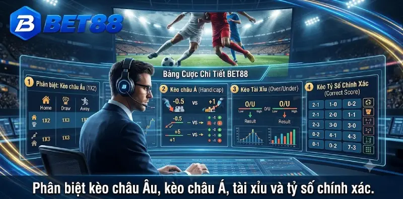 Phân biệt kèo châu Âu, kèo châu Á, tài xỉu và tỷ số chính xác.