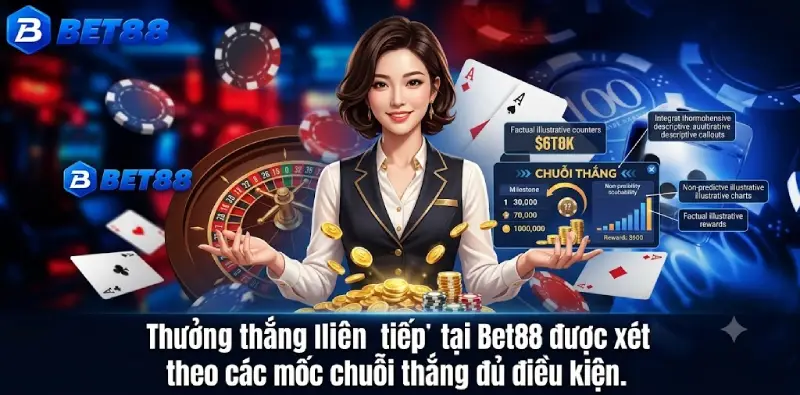 Thưởng thắng liên tiếp tại Bet88 được xét theo các mốc chuỗi thắng đủ điều kiện.