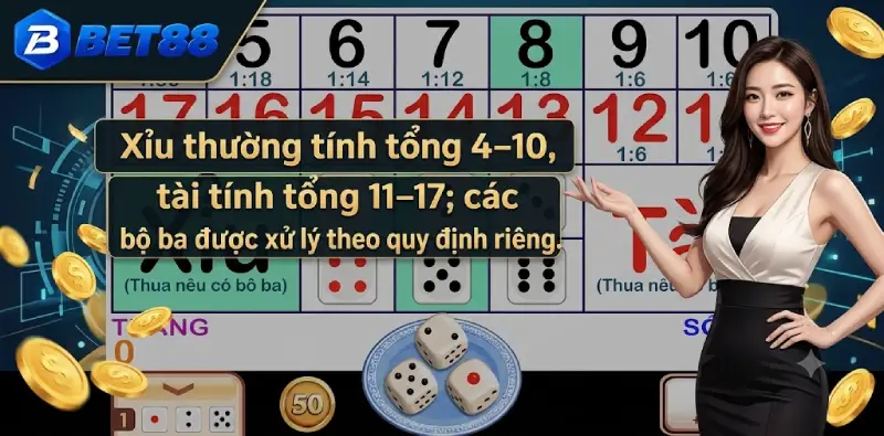 Xỉu thường tính tổng 4–10, tài tính tổng 11–17 Xỉu thường tính tổng 4–10, tài tính tổng 11–17